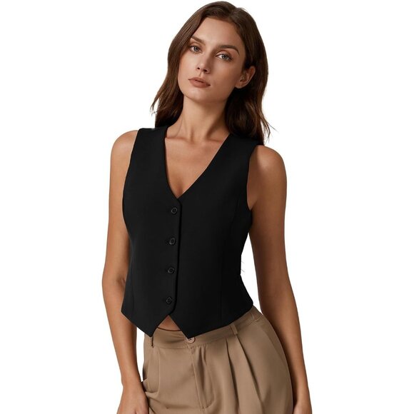 Women's Black V Neck Vest Top Sleeveless Button Down Fully Lined Solid Crop Tops - Picture 4 of 6